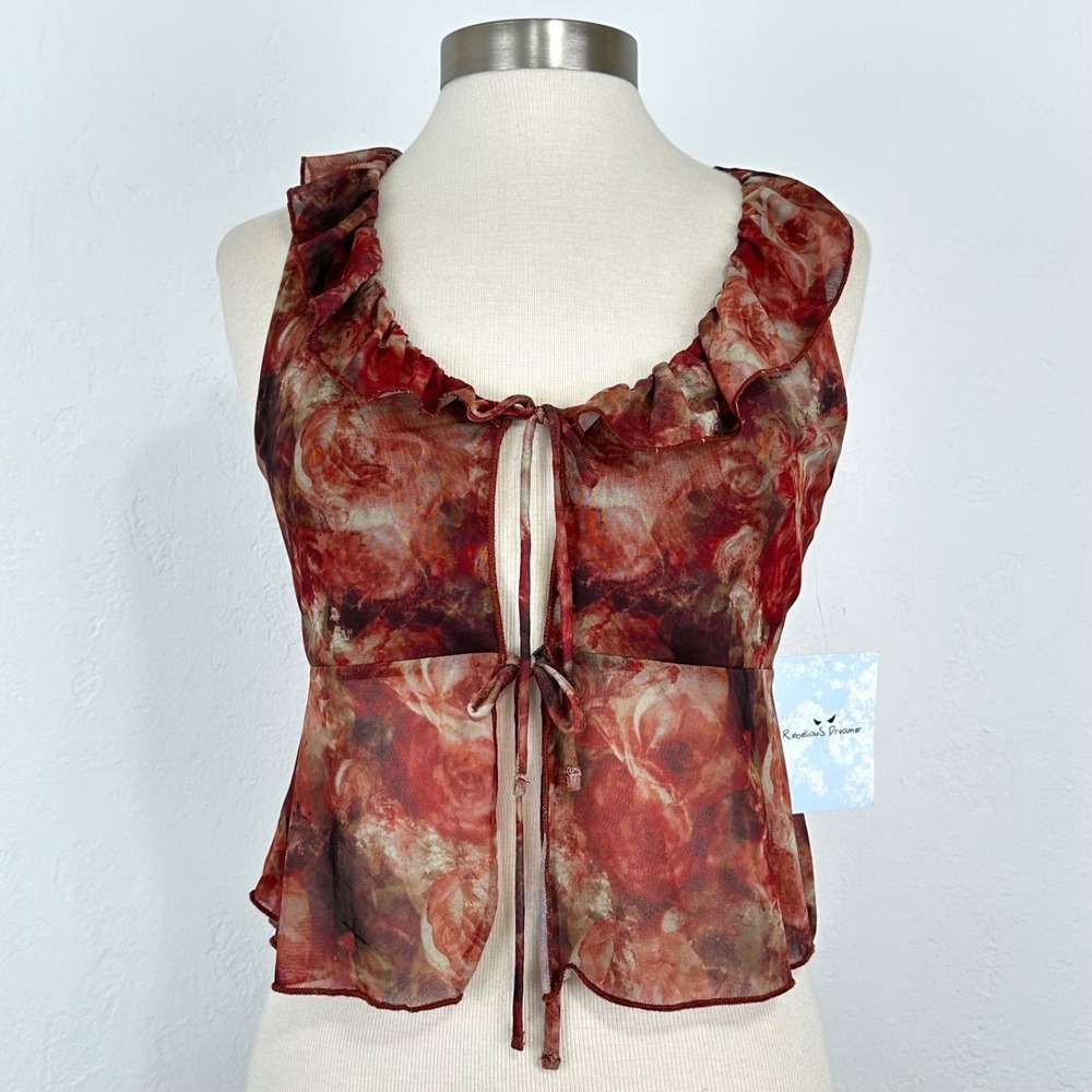 Y2K Boho Fairy Romantic Tie Front Top Sz Small Floral Prints Mesh Ruffle Sheer
